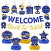 12pcs Welcome Back to Work Decorations Office Blue Gold So Glad You're Back To Work Banner and Hanging Swirls Table Centerpieces Office Party Supplies for Indoors Outdoors view 1