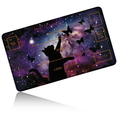 24" x 14" Zoned TCG Playmat, Non Slip Rubber MTG Game Mat, Black Cat Stars