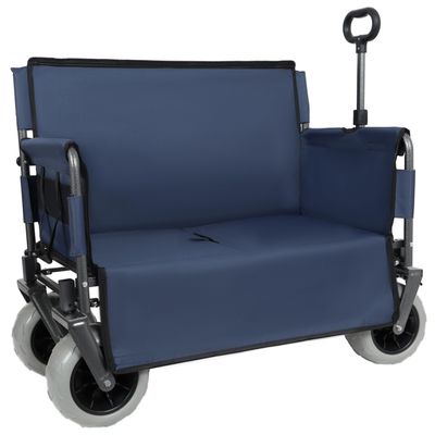3-in-1 Convertible Folding Wagon Cart with Bench Seat & 180L Storage - 500lbs Heavy-Duty All-Terrain Wagon for Camping, Beach, Sports & Garden Use (Dark Blue +9"x4" Wheels)