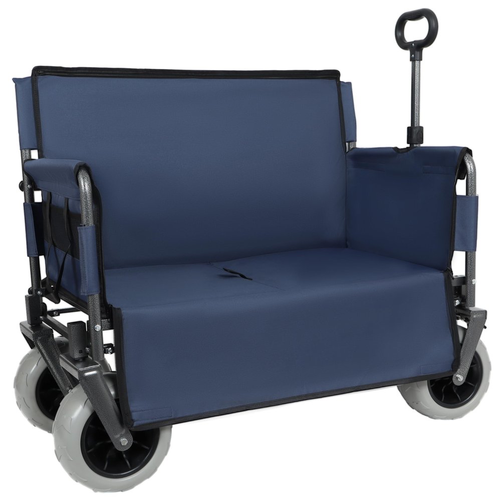 3-in-1 Convertible Folding Wagon Cart with Bench Seat & 180L Storage - 500lbs Heavy-Duty All-Terrain Wagon for Camping, Beach, Sports & Garden Use (Dark Blue +9"x4" Wheels)