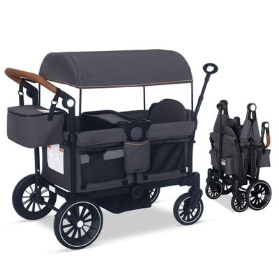 TODEFULL Stroller Wagon for 2 Kids, Push & Pull Kids Cart with Safety Harnesses, Foldable All-Terrain Stroller with Adjustable Handle, Removable Canopy, Snack Tray, Large Storage Bag, Gray