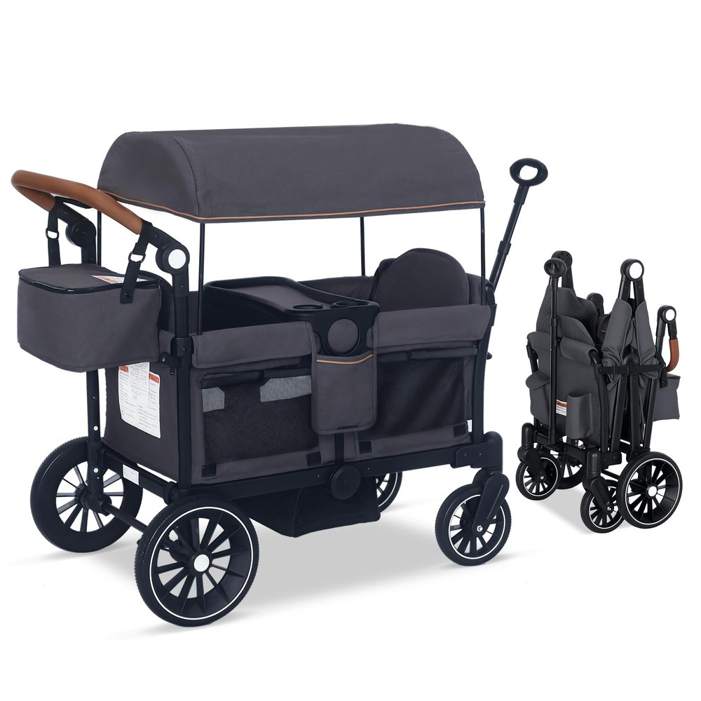 TODEFULL Stroller Wagon for 2 Kids, Push & Pull Kids Cart with Safety Harnesses, Foldable All-Terrain Stroller with Adjustable Handle, Removable Canopy, Snack Tray, Large Storage Bag, Gray