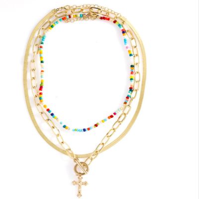 ZYIBPMSJKQCFK Bohemian Cross Pendant Necklace Three Piece Set Simple Rice Bead Necklace,golden,35+5cm/39cm/45cm