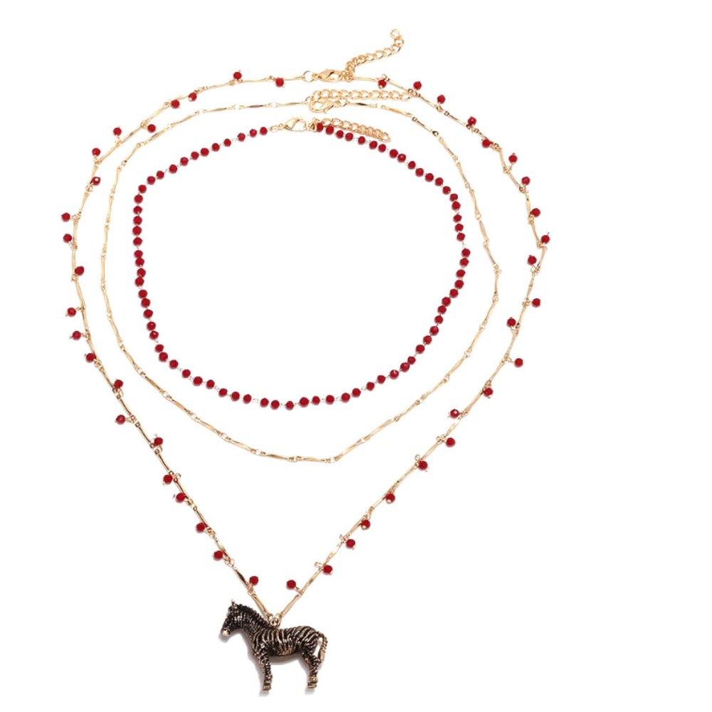 Bohemian Multi Layered Handmade Enamel Animal Pendant Vintage Alloy Necklace,red,82+7CM