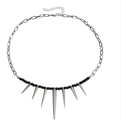 ZYIBPMSJKQCFK Punk Splicing Chain Black Bead Rivet Pendant Necklace,silvery,46+5cm