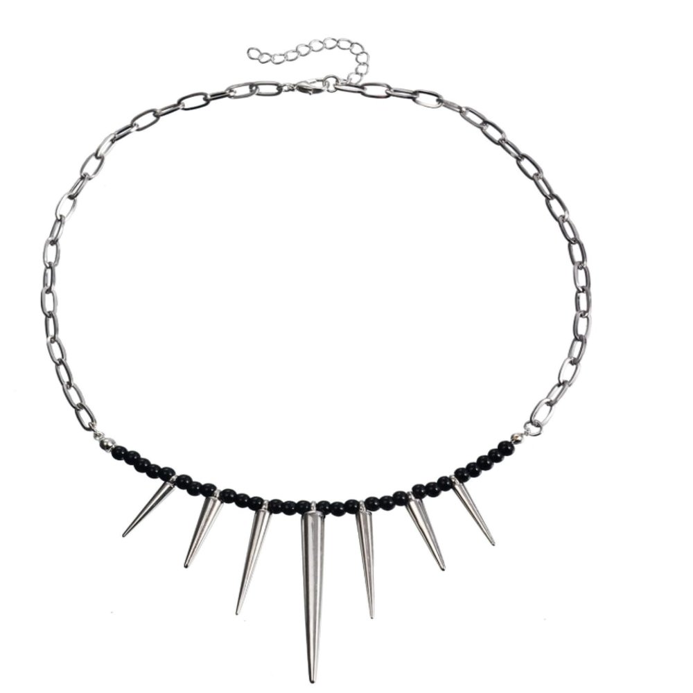 ZYIBPMSJKQCFK Punk Splicing Chain Black Bead Rivet Pendant Necklace,silvery,46+5cm