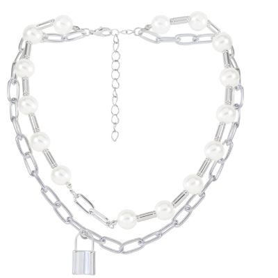 Simple Pearl Collarbone Chain Double-Layer Splicing Necklace,silvery,43+5.5cm
