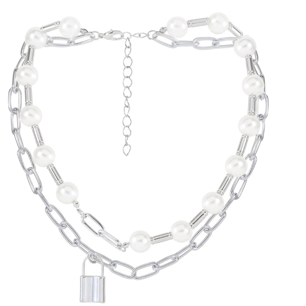 Simple Pearl Collarbone Chain Double-Layer Splicing Necklace,silvery,43+5.5cm
