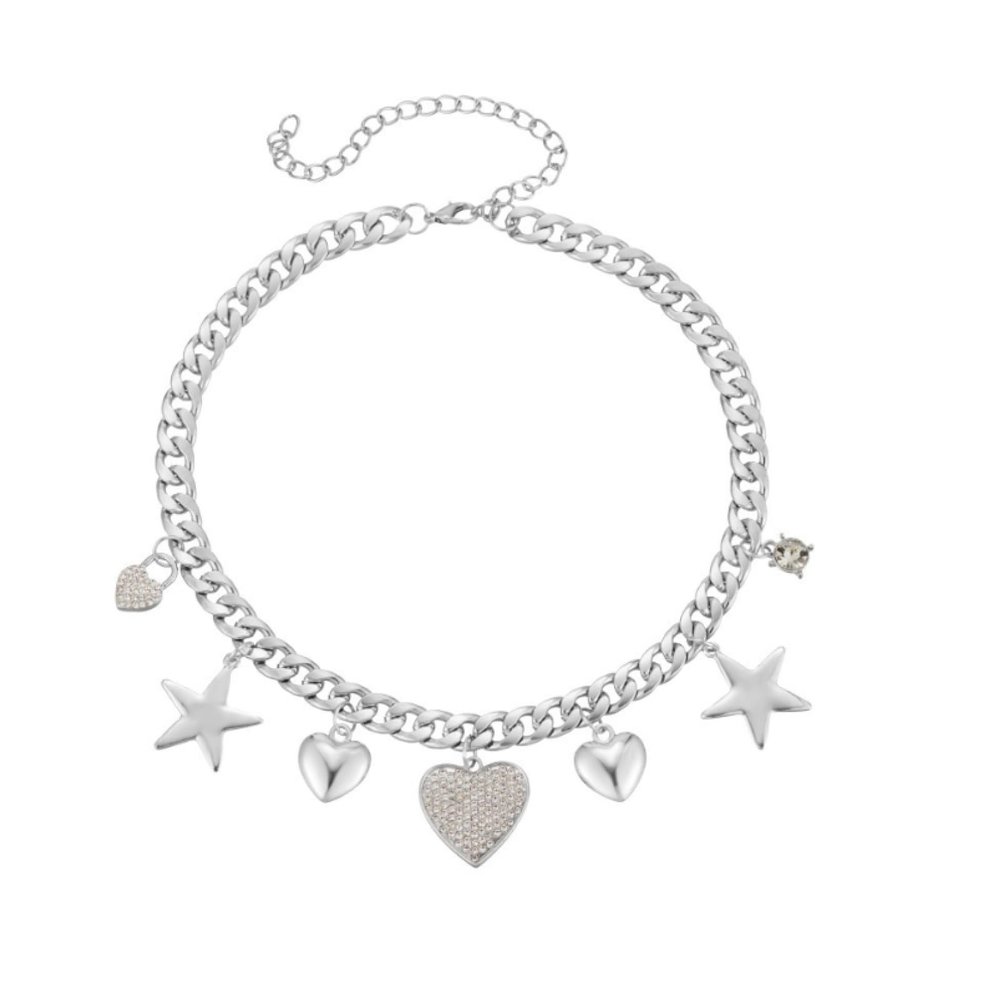 ZYIBPMSJKQCFK 2.7 * 2.7cm Bohemian Thick Chain With Star And Heart Pendant Necklace,silvery,2.7 * 2.7cm