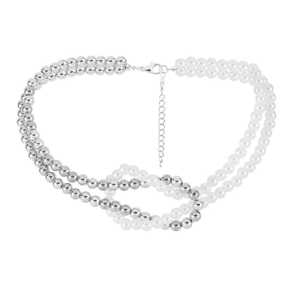 Bohemian Imitation Pearl Pieced Round Bead Knotted Cross Necklace,Round Pearl Silver,35+6.5cm