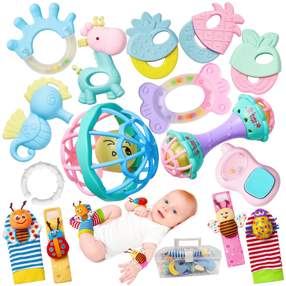 15PCS Rattles for Babies 0-6 Months - BPA-Free Baby Rattles 0-3, 6-12 Months for Newborn Soft Teething Toys Infant Toys with Wrist & Ankle Rattles, Baby Gift Set with Box for Hand-Eye Coordination