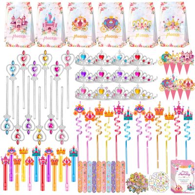 308PCS Princess Birthday Party Decorations Favors, Including Goodie Bags, Crown, Magic Wand, Straws, Bubble Wands, Stickers, Cake Toppers, Tattoo & More-Perfect for Party Decorations & Pinata Fillers