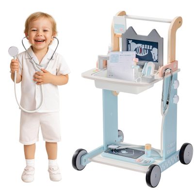 ROBUD Toddler Doctor Play Set, Complete Doctor Kit for Kids with Adjustable Height and Medical Tools, Wooden Pretend Play Pet Doctor Cart for Kids Aged 3+, Vet Kit for Imaginative Role Play Fun