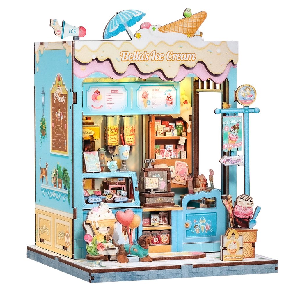 Cutefun Book Nook Kit - DIY Miniature Dollhouse Kit for Adults and Teens, Ice Cream Shop Mini House Building Kit with LED Bookshelf Insert Decor Creative Gifts (Bella's Ice Cream)