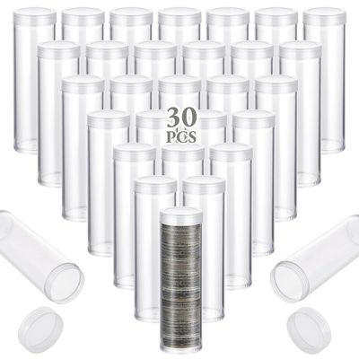 30 Clear Plastic Coin Holders, Screw-On Lids, for Quarter and Penny Coin Storage, Coin Tubes and Containers Set