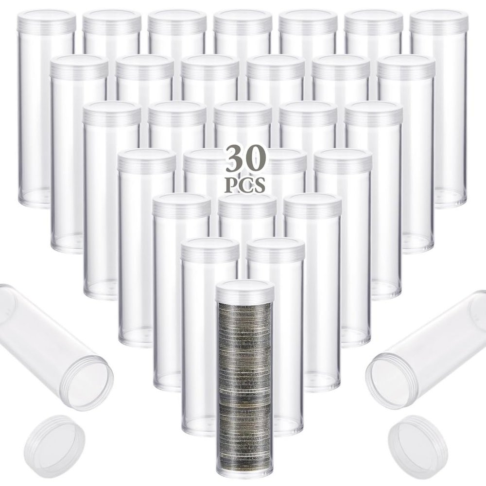30 Clear Plastic Coin Holders, Screw-On Lids, for Quarter and Penny Coin Storage, Coin Tubes and Containers Set