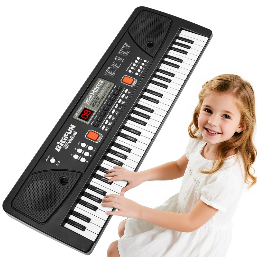 61-Key Kids Piano Keyboard for Beginners - Rechargeable Electronic Music Toy Piano with Music Stand Microphone LED Display AUX in - Birthday for 3-9 Year Old Boys Girls (Black)