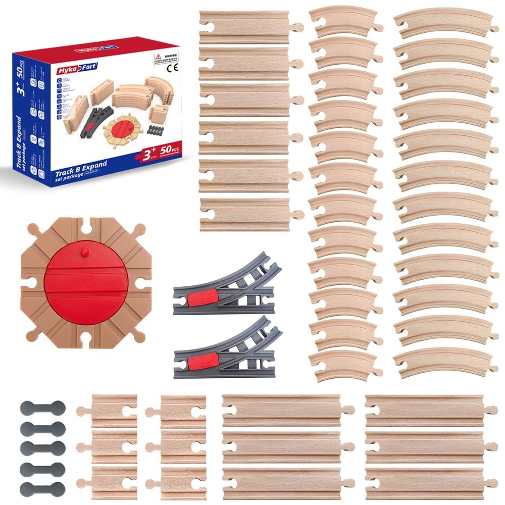 MykaFort 50-Piece Wooden Train Track B Expand Pack with Turntable and Switches | Beechwood Tracks Compatible with Major Brands | Fits MykaFort Electric Trains & Accessories | Age 3+