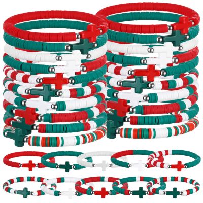 Landical 30 30/50 Pcs Cross Bracelets Bulk Jesus Bracelets Handmade Elastic Colorful Polymer Clay Bead Religious Wristbands Christian Wristband for Women Kid Easter VBS Gifts (Xmas Color)
