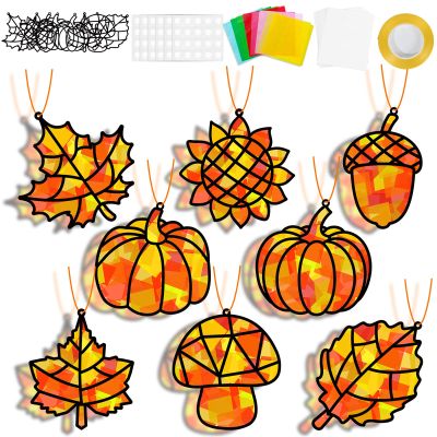 32 Sets Fall Thanksgiving Suncatchers Craft Kit DIY Window Stained Glass Effect Autumn Harvest Paper Crafts Home School Classroom Decoration Kid Birthday Gift Creative Art Project Activity Game