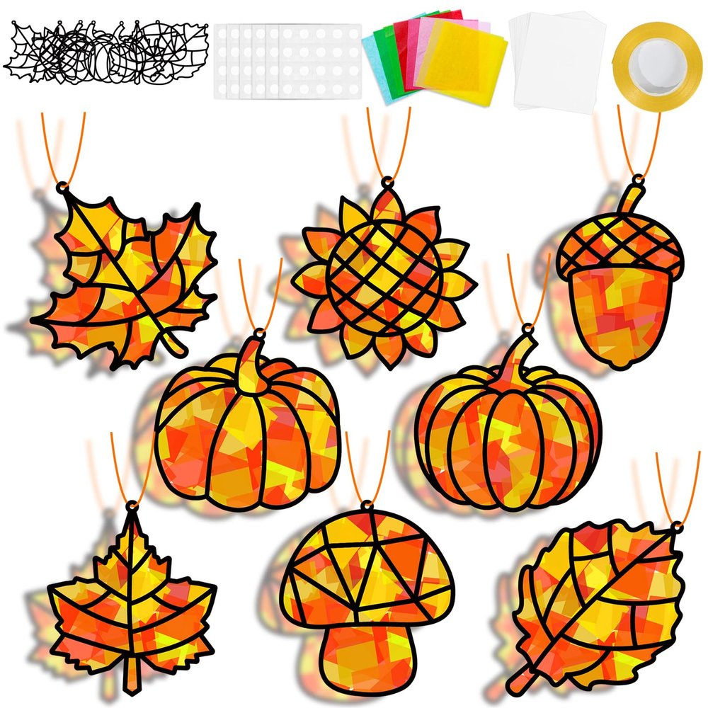 32 Sets Fall Thanksgiving Suncatchers Craft Kit DIY Window Stained Glass Effect Autumn Harvest Paper Crafts Home School Classroom Decoration Kid Birthday Gift Creative Art Project Activity Game