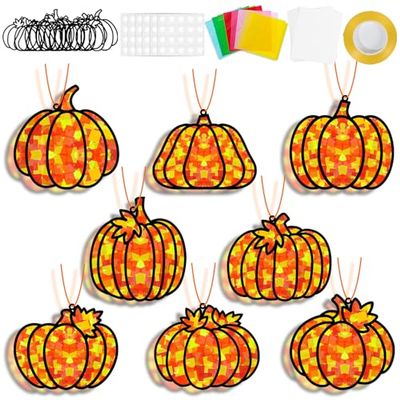 32 Sets Pumpkin Suncatchers Craft Kit DIY Window Stained Glass Effect Fall Pumpkin Paper Crafts Home School Classroom Autumn Thanksgiving Decor Kid Birthday Gift Creative Art Project Activity Game