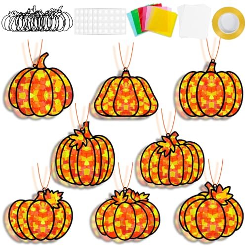 32 Sets Pumpkin Suncatchers Craft Kit DIY Window Stained Glass Effect Fall Pumpkin Paper Crafts Home School Classroom Autumn Thanksgiving Decor Kid Birthday Gift Creative Art Project Activity Game
