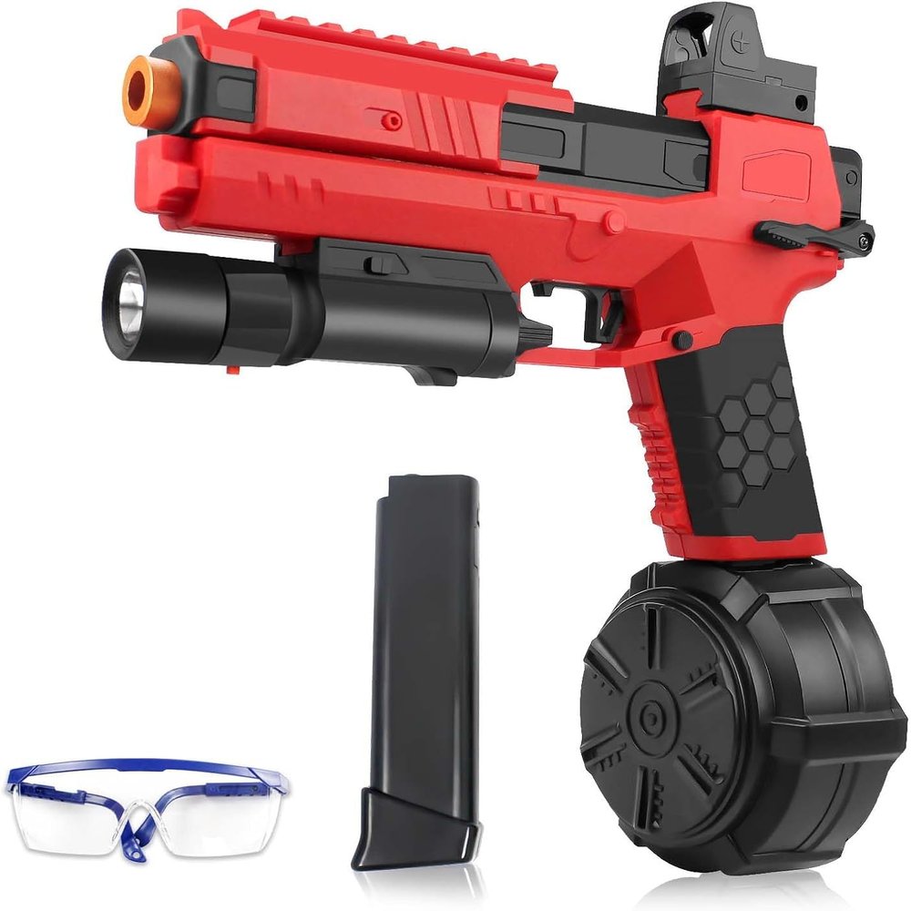 Gel Ball Blaster Splatter X6 Full Auto Splatter Blaster with Drum Long Hopper Light and Goggles Electric Splat Blaster Splatter Ball Pistol for Outdoor New Upgrade Team Games Ages 14+ (RED)