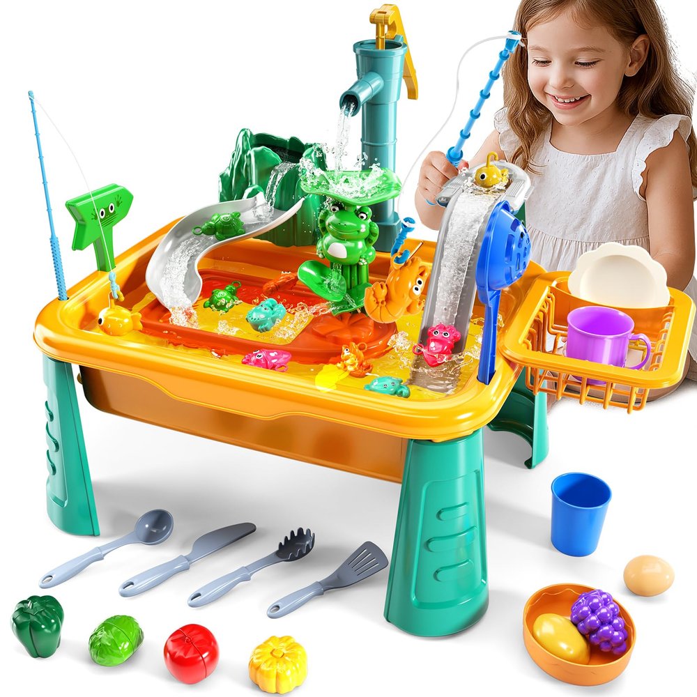 NIPLOOOW Kitchen Sink Toys Toddlers 3-5, Play Sink with Running Water, Water Table for Kids Ages 4-8, Fishing Game Outdoor Toys Pretend Role Play Toys for Boys Girls 3 4 5 6 7 8