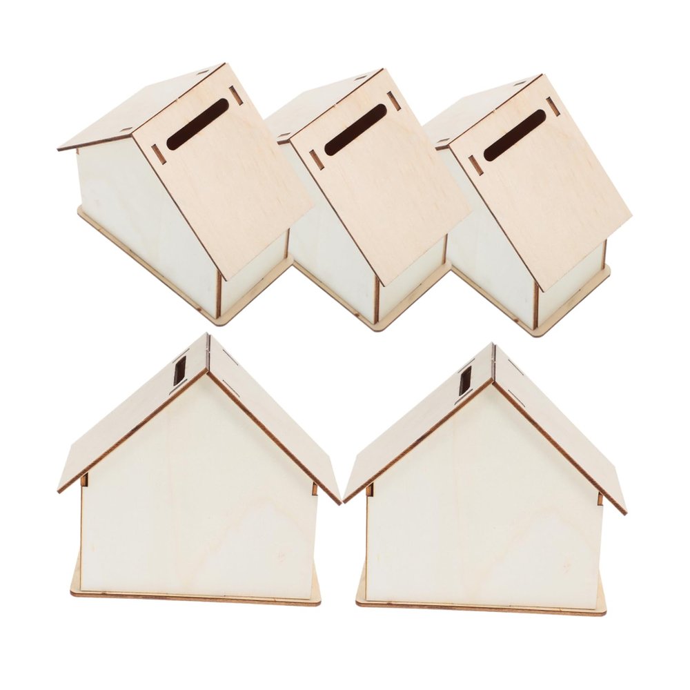 5Pcs DIY Unfinished Wooden Piggy Banks for Adorable Change Container Retro House Design for Crafting Saving Decorate Your Own
