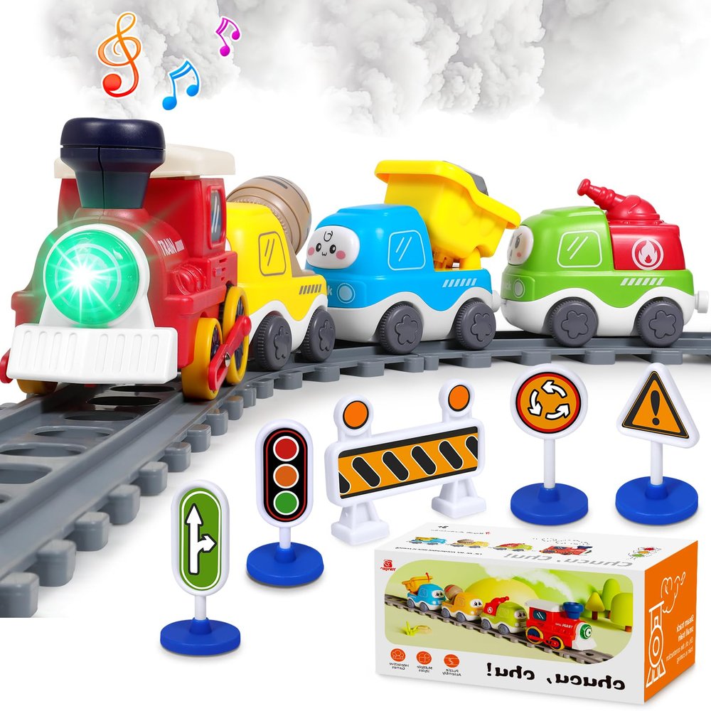 Electric Train Set for Toddlers 3-5 4-8 with Train Tracks Set Lights Up Steam Sign Realistic Music Sound Magnetic Train Connection Toys Birthday 3 4 5 6 7 8+ Years Old Boy Toys Girl