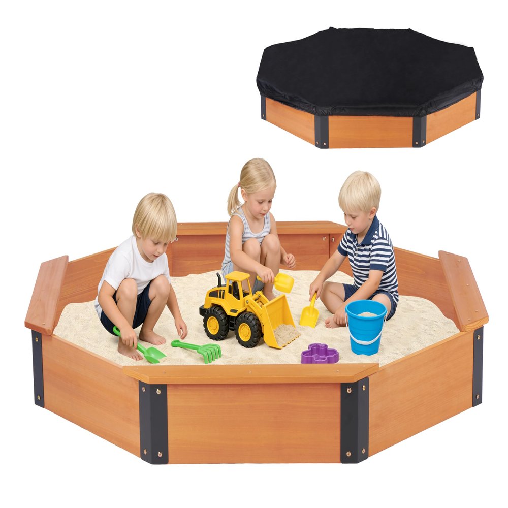 64''x56''x8.5'' Octagon Sandbox with Cover for Kids Outdoor Play, Wood Large Sandpit with 4 Benches, Quick Easy Install, US. Patented