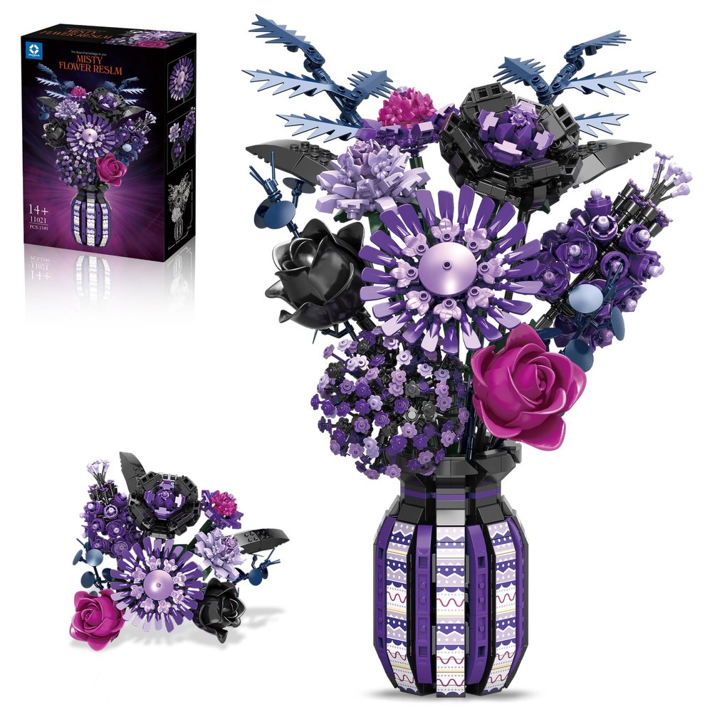 chanbrick Purple Flower Bouquet Building Set with Vase Plant Botanical Collection for Adults Women Girl 14+ Gothic Home Decor
