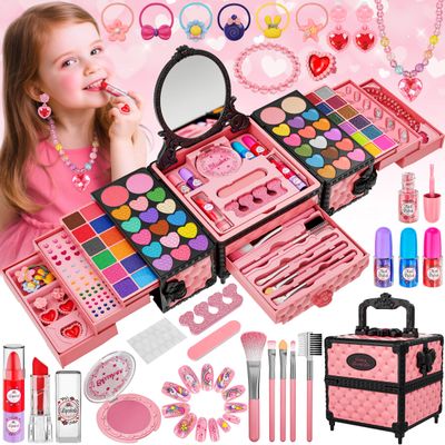 99 Pcs Kids Makeup Kit for Girls, Princess Toys Real Washable Cosmetics Set with Mirror, Hair Ties, Nails, Rings, Earrings, Necklace, Perfect for 3 4 5 6 7 8 Year Old Girls Birthday