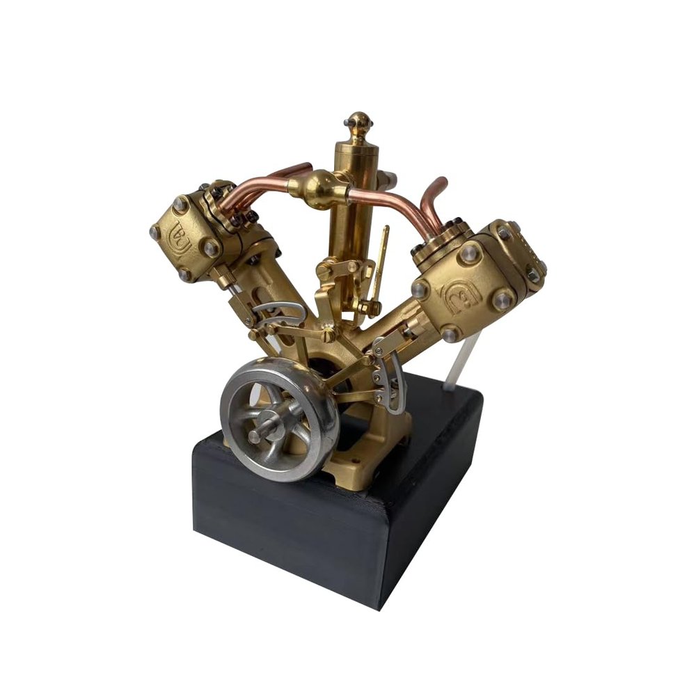 Hanll RW V-2 Steam Engine Model CNC Brass Twin-Cylinder Reversible Steam Power Unit with Stephenson Valve Gear, Compact High-Torque Marine Engine for Hobbyists (6cc, 3000RPM)