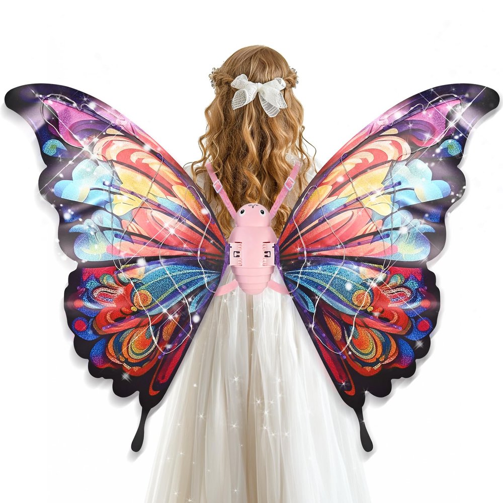 GOLDGE LED Electric Fairy Wings for Girls, Moving Butterfly Wings with Lights & Music, Toy for Halloween, Valentine, Birthday, Christmas, Party Costume, Princess Cosplay and Dress-Up (Colorful)