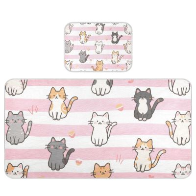 Pink White Stripes Cartoon Cat Cooling Baby Mattress Protector Pads 28" x 52" Washable Mattress Protector Pads for Kids, Adult