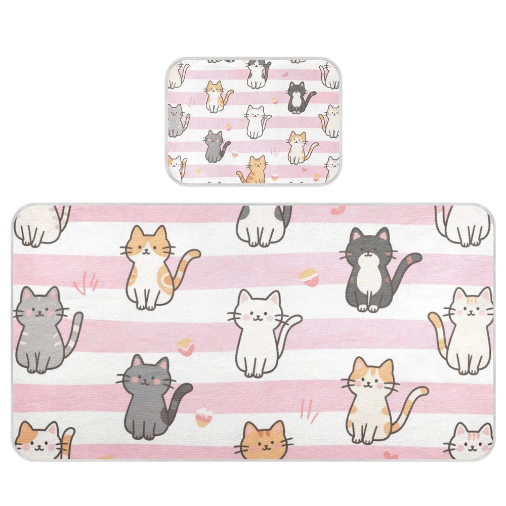 Pink White Stripes Cartoon Cat Cooling Baby Mattress Protector Pads 28" x 52" Washable Mattress Protector Pads for Kids, Adult