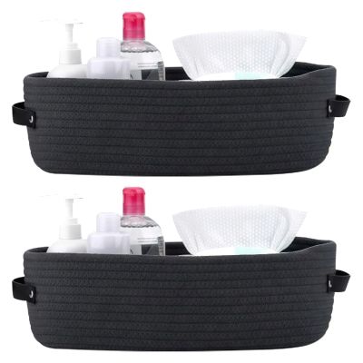 2 Pcs Oval Cotton Rope Storage Baskets, Woven Organizers With Leather Handles For Home, Nursery, And Bathroom