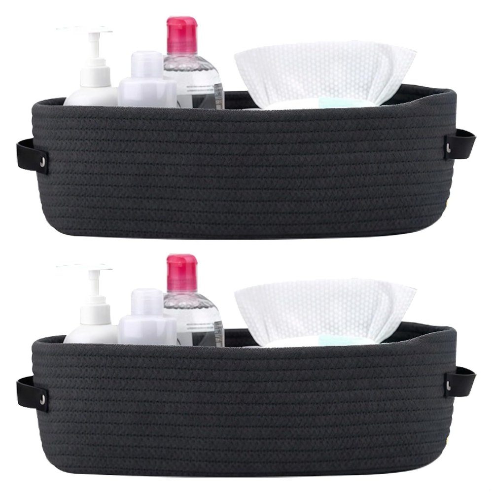 2 Pcs Oval Cotton Rope Storage Baskets, Woven Organizers With Leather Handles For Home, Nursery, And Bathroom