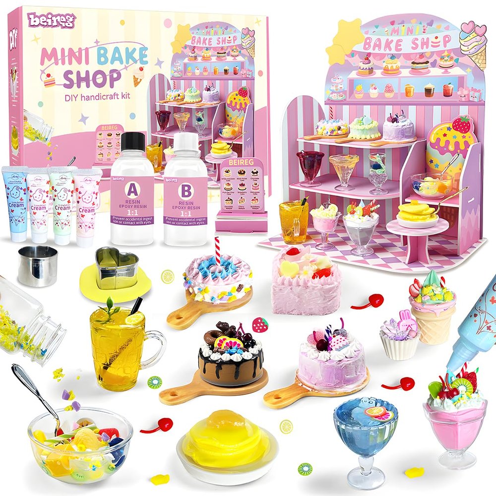 BEIREG Mini Bake Shop DIY Toy Set, Making 14Pcs Pretend Desserts & Cakes, Resin & Clay Kitchen Play Kit, Scene Display Creativity & STEM Party Gift, Craft Kit for Kids Girls Boys Ages 8+