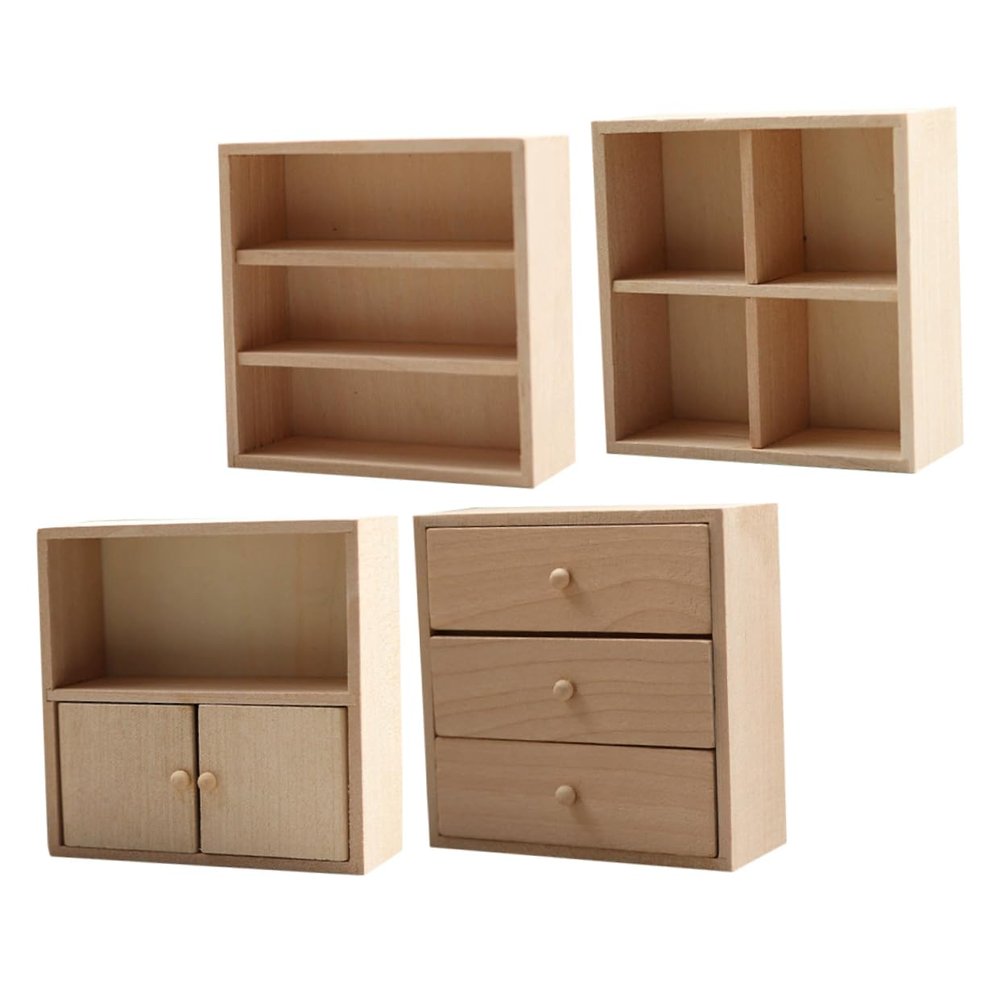 4pcs Miniature Wooden Cabinet DIY Dollhouse Furniture Realistic Bookshelf Bedroom Decor Solid Mini Storage for Creative Play Home Display