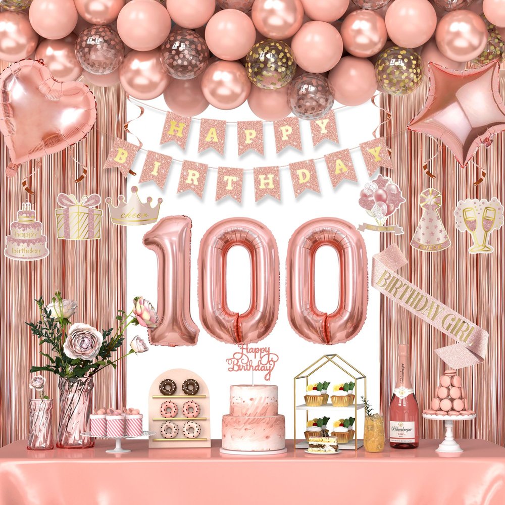 100th Birthday Decorations for Women Girls, Happy 100 Birthday Decorations for Her, Rose Gold Birthday Party Supplies with Banner, Number Balloons, Fringe Curtains, Hanging Swirls
