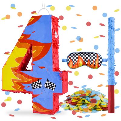 Blue Racing Cars Themed Birthday Decorations, Racing Cars Themed Number 4 Pinata with Stick Blindfold and Confetti Fire Race Car Checkered Flag Themed 4th Birthday Party Supplies (Fire Race Car 4th)