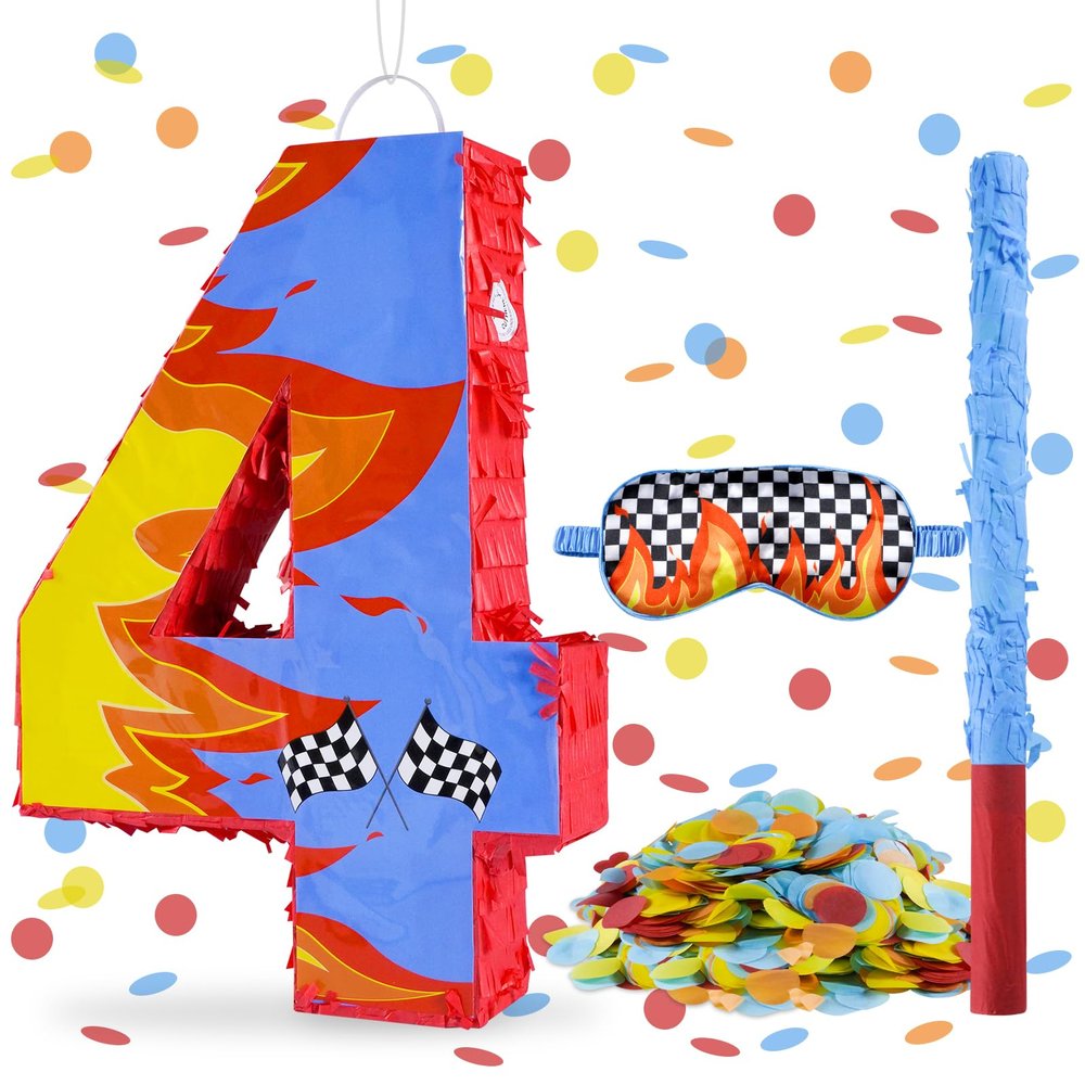 Blue Racing Cars Themed Birthday Decorations, Racing Cars Themed Number 4 Pinata with Stick Blindfold and Confetti Fire Race Car Checkered Flag Themed 4th Birthday Party Supplies (Fire Race Car 4th)