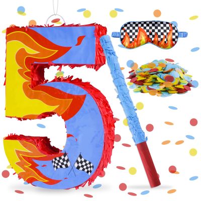 Blue Racing Cars Themed Birthday Decorations, Racing Cars Themed Number 3 Pinata with Stick Blindfold and Confetti Fire Race Car Checkered Flag Themed 3rd Birthday Party Supplies (Fire Race Car 5th)