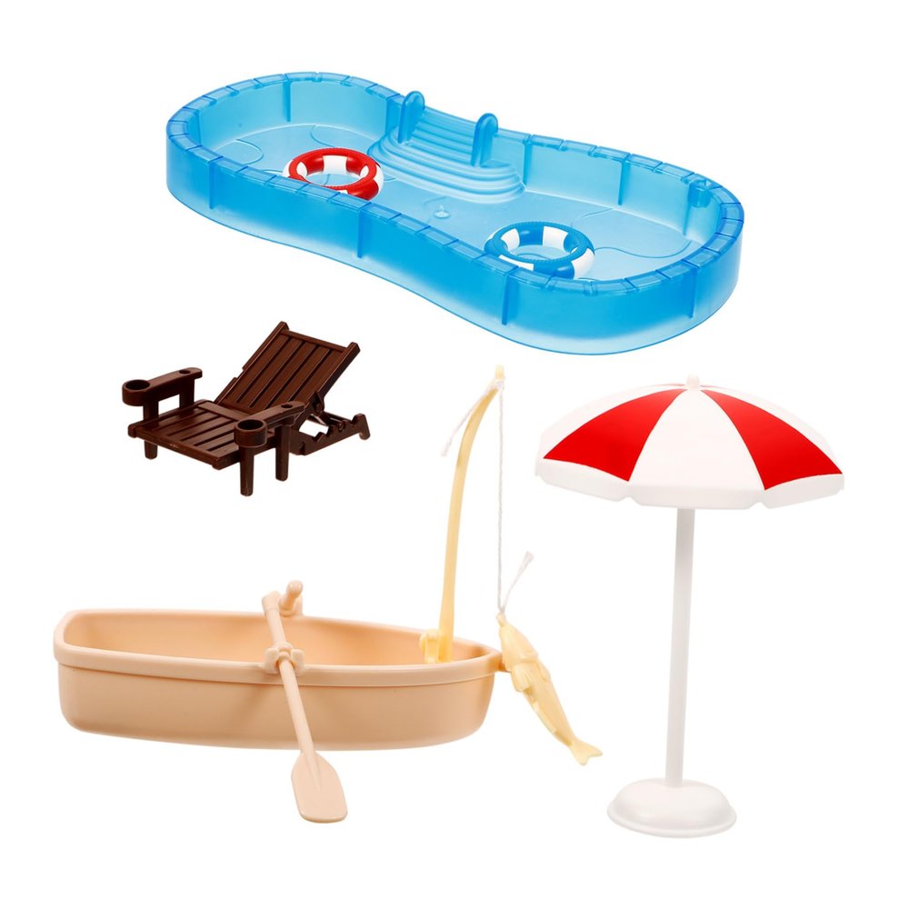 1 Set Miniature Swimming Pool with Beach Chair Boat Dollhouse Accessory for Micro Landscape Layout Photography Decoration and DIY Miniature Garden Decor