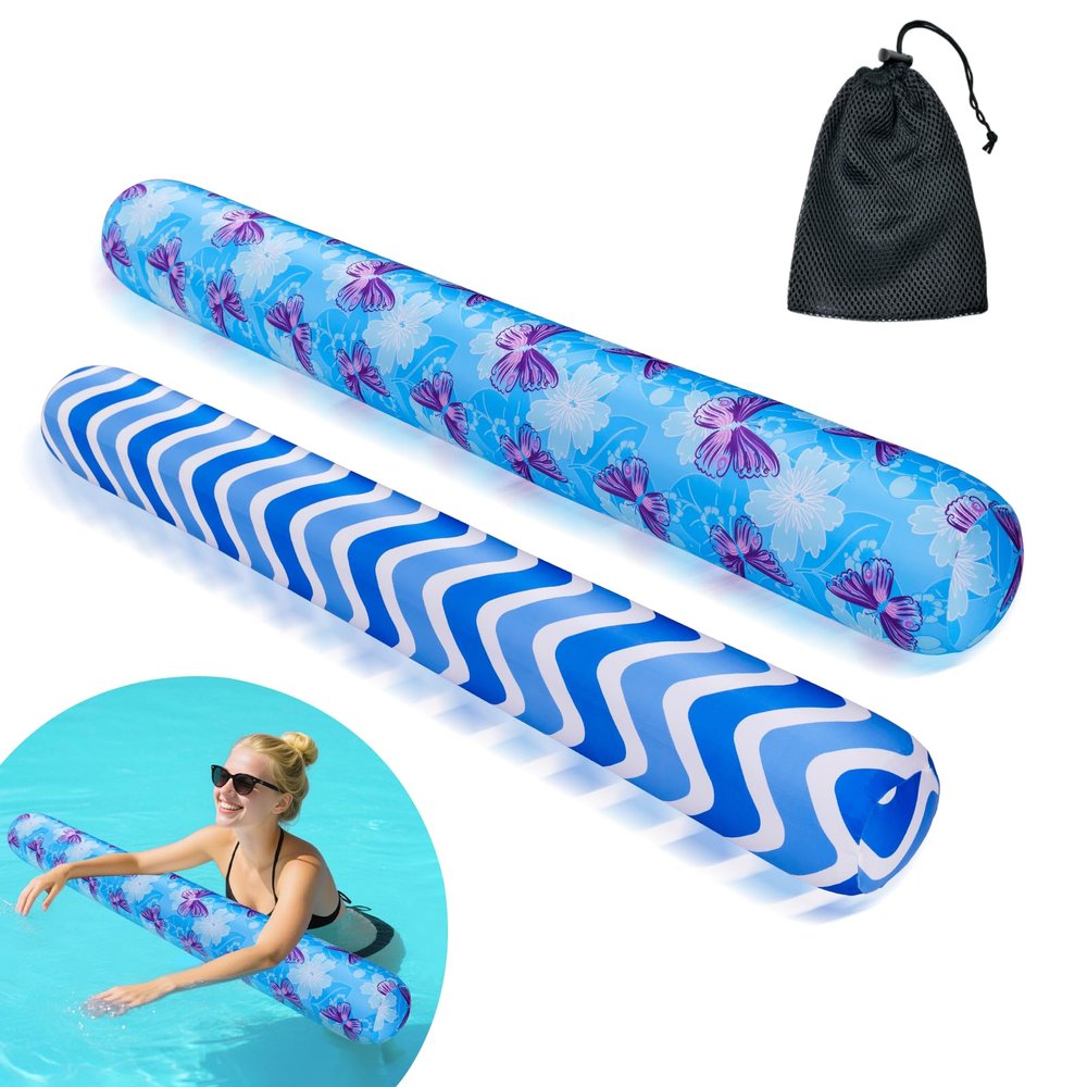 2 Pack Inflatable Swimming Pool Noodles Jumbo, Quick Drying Soft Fabric Covered Pool Noodle Jumbo with Portable Storage Bag, Premium Buoyancy for Swim Pools Party Toys