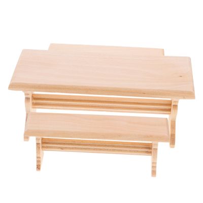1Set Miniature Wooden Table and Bench Set Dollhouse Furniture Model Design for Mini House Decoration Material Realistic Craftsmanship