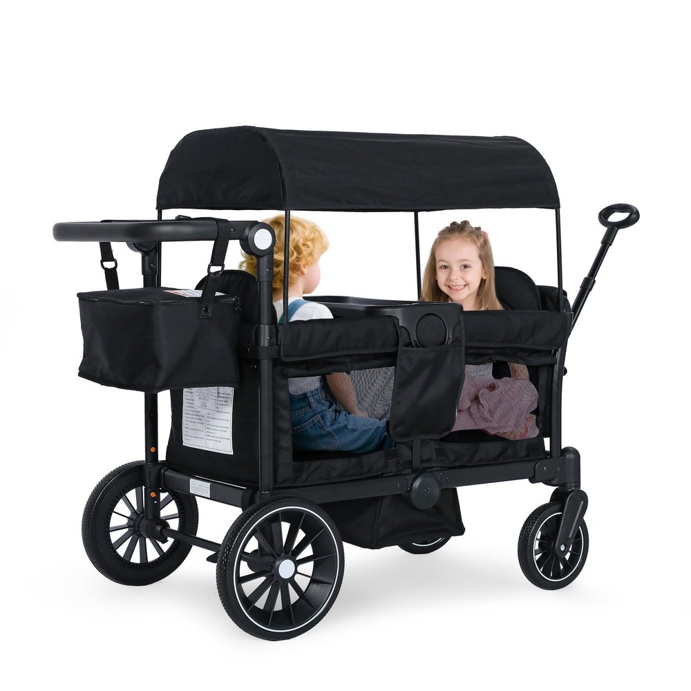 Kinder King Stroller Wagon for 2 Kids, Foldable All-Terrain Outdoor Toddler Kids Wagon Stroller 2 Seater, Removable Canopy, Adjustable Push/Pull Bar, Detachable Tray, Parent Organizer, Black